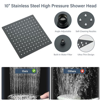 Matte Black Shower Head, High Pressure Rainfall 10 Inch Shower Head/Handheld Showerhead Combo with 10" Extension Arm, Height/Angle Adjustable