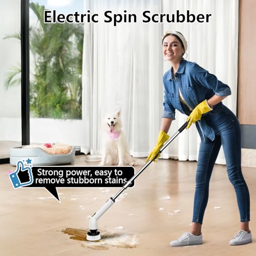 Electric Spin Scrubber, Full-Body IPX7 Waterproof Bathroom Scrubber,4 Replacement Head for Adjustable Extension Handle Electric Cleaning Brush for Bathroom, Tub, Tile