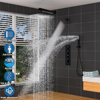 Enga Thermostatic Dual Shower System, 12"+6" Wall Mount Dual Rain Shower Faucet, All Functions Use Together & Volume Adjustable, Matte Black - color: Matte Black, style: ‎12"+6" Head