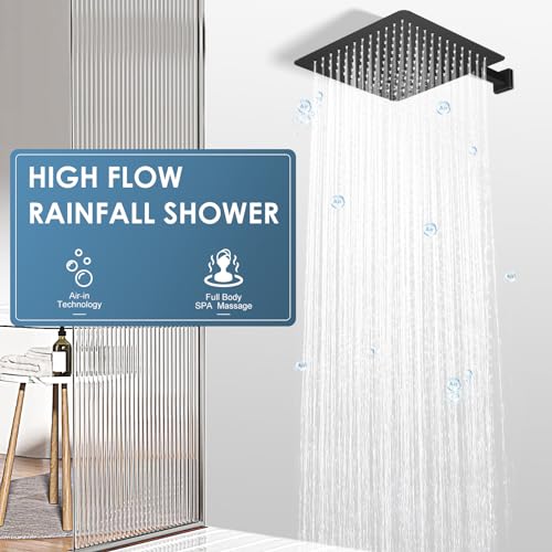 12 inch Matte Black Rain Shower Head - All Metal 304 Stainless Steel, Full Body Rainfall Shower with 144 Silicone Nozzles - Square Showerheads Ceiling or Wall Mount Modern Bathroom - color: B-Matte Black, size: 12 Inch Square
