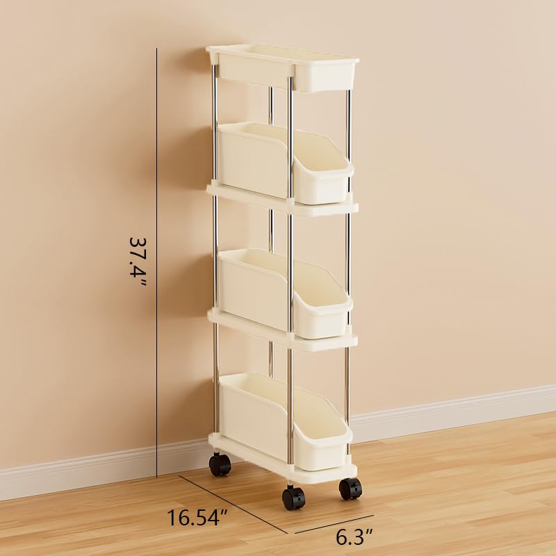Slim Storage Cart 4 Tier Slim Rolling Utility Cart with Pull-Out Baskets & Wheels for Narrow Space in Kitchen Dining Room Bathroom Laundry Room Cream White (Width 6.3 Inches) - size: 4 Tier