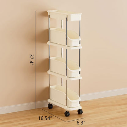 Slim Storage Cart 4 Tier Slim Rolling Utility Cart with Pull-Out Baskets & Wheels for Narrow Space in Kitchen Dining Room Bathroom Laundry Room Cream White (Width 6.3 Inches) - size: 4 Tier