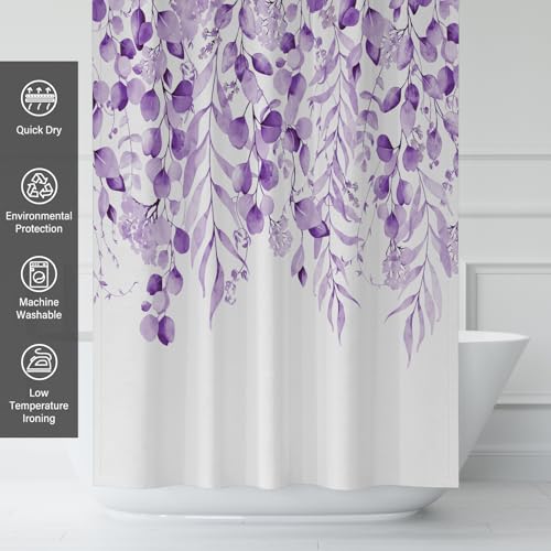 KAIRA Purple Eucalyptus Shower Curtain, Watercolor Plant Leaves with Floral Shower Curtain,72 x 72 Inches, Easy to Clean Waterproof Polyester Fabric Includes 12 Hooks - color: Purple