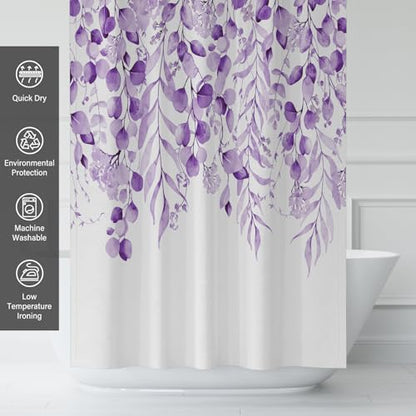 KAIRA Purple Eucalyptus Shower Curtain, Watercolor Plant Leaves with Floral Shower Curtain,72 x 72 Inches, Easy to Clean Waterproof Polyester Fabric Includes 12 Hooks - color: Purple