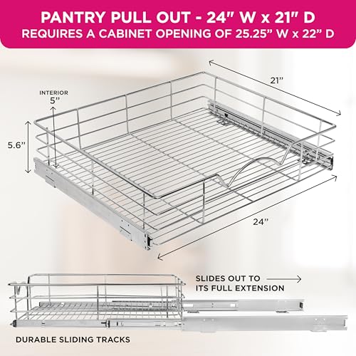 HOLDN’ STORAGE Pull Out Cabinet Organizer, Pantry Drawer, 24"W x 21"D x 5"H | Heavy-Duty Full-Extension, Roll Out Shelf for Pots, Pans & Under Sink Storage, Chrome, Require a 25.25"W Cabinet Opening - size: 24 Inch
