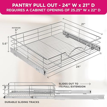 HOLDN’ STORAGE Pull Out Cabinet Organizer, Pantry Drawer, 24"W x 21"D x 5"H | Heavy-Duty Full-Extension, Roll Out Shelf for Pots, Pans & Under Sink Storage, Chrome, Require a 25.25"W Cabinet Opening - size: 24 Inch