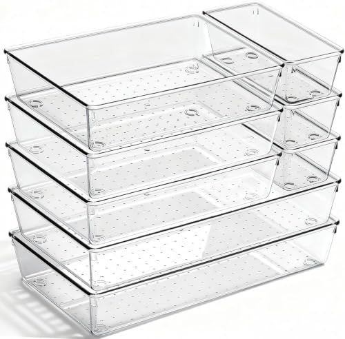 8 Pack Large Clear Plastic Drawer Organizer Bins - Acrylic Bathroom Drawer Organizer Trays - Heavy Duty Kitchen Drawer Dividers for Utensils - Non-Slip Storage Bins for Makeup, Bedroom, Office Desk - size: 8 Pack