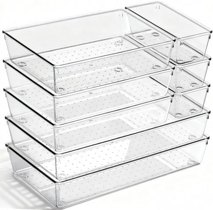 8 Pack Large Clear Plastic Drawer Organizer Bins - Acrylic Bathroom Drawer Organizer Trays - Heavy Duty Kitchen Drawer Dividers for Utensils - Non-Slip Storage Bins for Makeup, Bedroom, Office Desk - size: 8 Pack