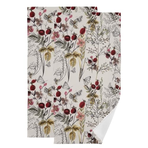 2 Pack Vintage Floral Leaves Hand Towels for Bathroom,Soft Absorbent Spring Burgundy Red Wildflower Butterfly Decorative Guest Face Bathroom Towels,Quick Dry Farmhouse Kitchen Towels 14"x28" - color: Beige