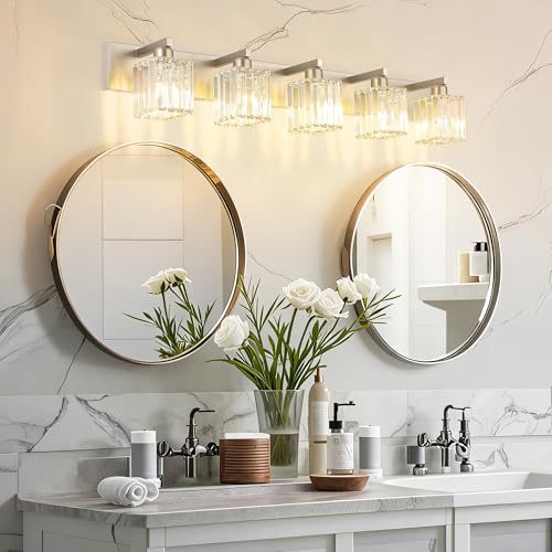 Aipsun Brushed Nickel Bathroom Lighting Fixtures 5 Light Vanity Light Crystal Modern Bathroom Vanity Light (Exclude Bulb) - color: Brushed Nickel, size: 40 inch