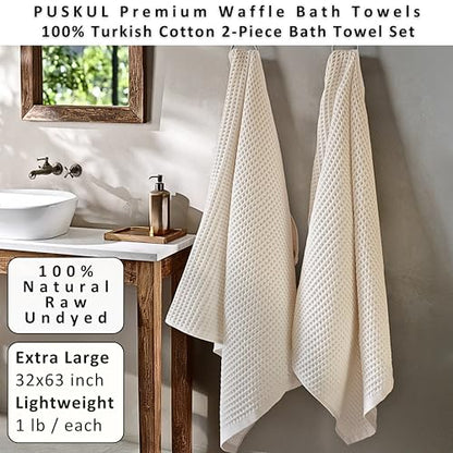 PÜSKÜL Natural 100% Turkish Cotton Waffle Bath Towels Set of 2, Extra-Large | Raw-Undyed, Oversize 32x63" Bath sheet towel for bathroom & beach. Honeycomb-Waffle weave, Premium oeko-tex made in Turkey. - color: Natural Raw-undyed, size: Bath Towels - Pack