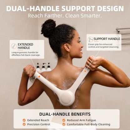 Electric Body Brush, Back Scrubber for Shower with Long Dual Handle, Waterproof Power Shower Brush with 3 Interchangeable Heads & 2 Speeds for Cleansing, Exfoliating and Massage, Nude Pink - color: Nude Pink