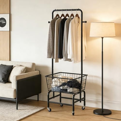 Rolling Laundry Cart with Hanging Rack Metal Laundry Basket with Wheels Laundry Hamper with Storage Basket and Shelf for Laundry Room Organization Black