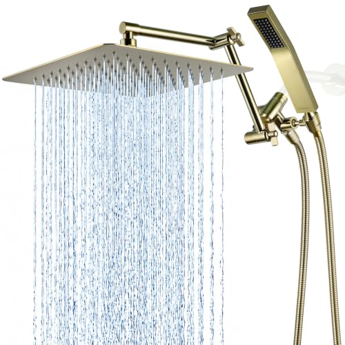 G-Promise All Metal 10 Inches Rainfall Shower Head with Handheld Combo | All Metal, Built to Last, Easy Install, Adjustable Height & Angle for All Heights, Extra Long Hose, Modern Upgrade - color: Polished Brass, size: 10 Inches