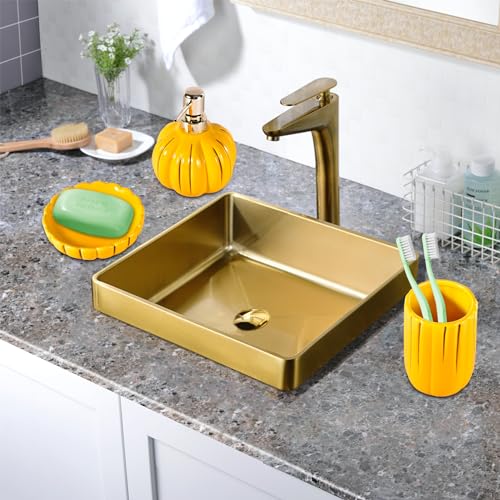 Fall Bathroom Accessories Set of 3, Thanksgiving Pumpkin Bathroom Decor, Ceramic Bathroom Sets Complete -Toothbrush Holders, Soap Dispenser, Soap Dish, Bathroom Organizer for Countertop - size: Pumpkin-Yellow