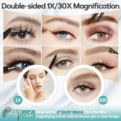 Magnifying Mirror with Light 30X, Double-Sided 1X/ 30X Magnifying Makeup Mirror with Tweezer, 2000mAh 3 Colour Modes with Adjustable Brightness,Foldable Travel Mirror(9" L x 7" W) - color: White