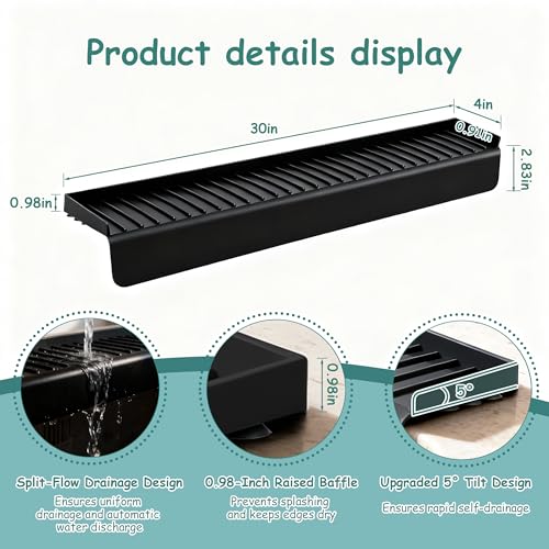 Silicone Sink Edge Protector Splash Guard,Sink Granite Edge Protector,30x4 Inch with Suction Cups & 5°Tilt, Cuttable for Kitchen Bathroom Countertops, Granite Quartz Surfaces (Black)