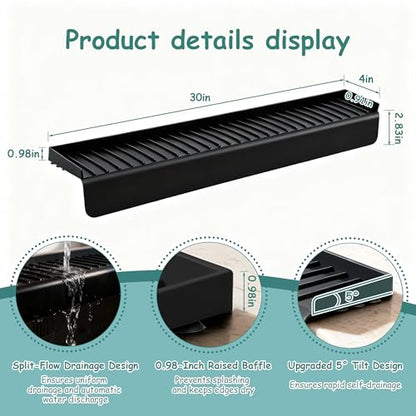 Silicone Sink Edge Protector Splash Guard,Sink Granite Edge Protector,30x4 Inch with Suction Cups & 5°Tilt, Cuttable for Kitchen Bathroom Countertops, Granite Quartz Surfaces (Black)