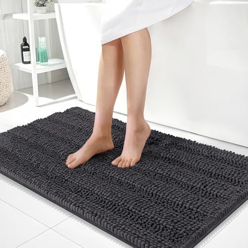 OLANLY Thick Large Bathroom Rugs 40x24, Soft Chenille Bath Rugs, Dark Grey | Absorbent Striped, Rubber Backing, Machine Wash Dry, Bath Mats for Bathroom Floor, Tub and Shower, Home Decor Accessories - color: Dark Grey, size: 40" X 24"