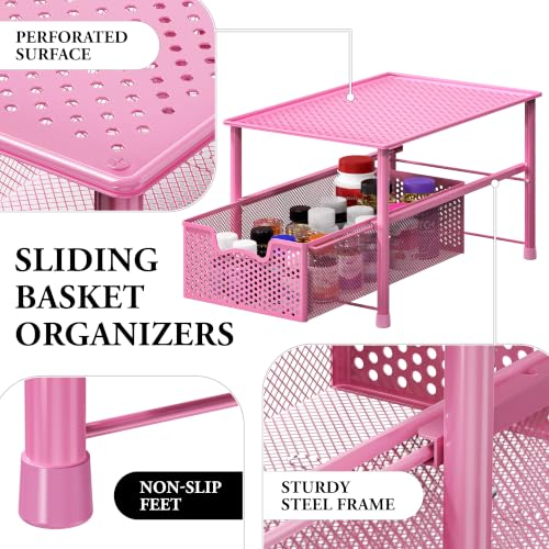 Simple Houseware Stackable Under Sink Sliding Basket Drawer, Pink | Perforated Free Standing Organizer, Kitchen/Pantry/Cabinet/Counter - color: Pink