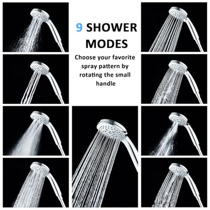 High Pressure Rain Shower Head Combo with Fixed and 9 Sprays Handheld, Non-Clogging Nozzles, Stainless Steel Hose with Adjustable Bracket Double Shower Head