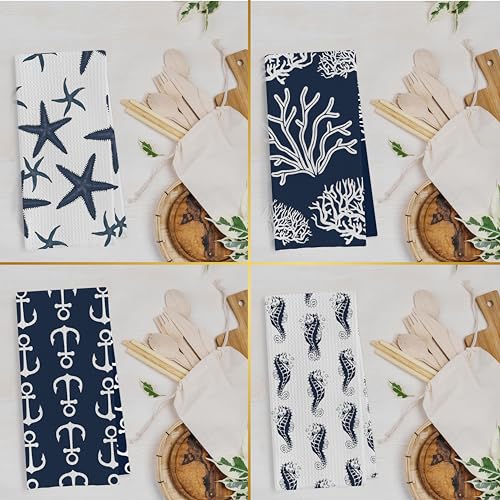 Ocean Themed Dish Towels Set - Navy Coastal Nautical Waffle Weave Kitchen Towels, Navy Blue Ocean Themed Hand Tea Towel, Coastal Bathroom Decor (16×24 Inches Set of 4) - color: Nautical E