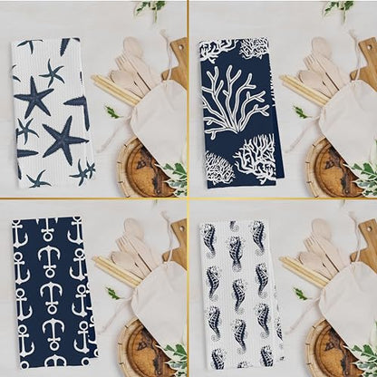 Ocean Themed Dish Towels Set - Navy Coastal Nautical Waffle Weave Kitchen Towels, Navy Blue Ocean Themed Hand Tea Towel, Coastal Bathroom Decor (16×24 Inches Set of 4) - color: Nautical E