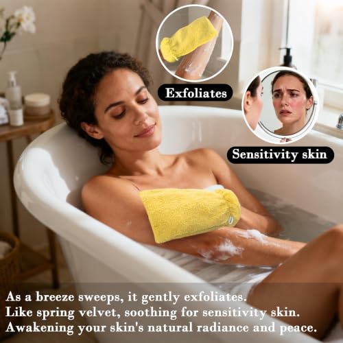 VOOVA & MOVAS Shower Mitts 6 Pack Solid Yellow,European Style with Loop | Body Wash Gloves, Gentle Texture, Durable Cotton Fabric, Ideal for Face Care, Shower and Home Use. - color: Yellow, size: 6PC Bath Mitts