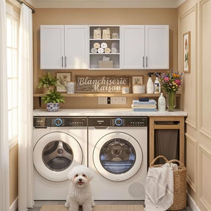 Furnaza 62.8" W Wall Cabinets for Laundry Room with Adjustable Shelf | White Upper Kitchen Wall Mounted Cabinets With Two Shaker Doors for Bathroom,Garage,12"D x 22"H,Floating Hanging Storage - size: 62.8"W