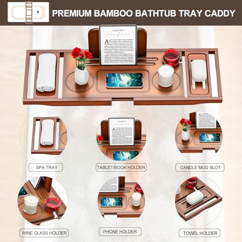 Bathtub Tray Caddy - Bath Tray - Bath Tub Tray Caddy - Bamboo Bath Table Tray for Tub - Expandable Size, Fits Most Tubs - color: Light Brown