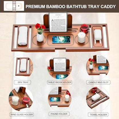 Bathtub Tray Caddy - Bath Tray - Bath Tub Tray Caddy - Bamboo Bath Table Tray for Tub - Expandable Size, Fits Most Tubs - color: Light Brown