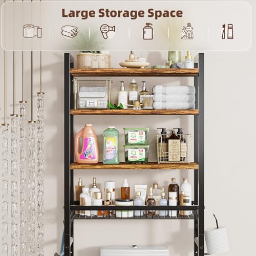 Ekisemio Over The Toilet Storage Rack, 4 Tier Over Toilet Shelf with Adjustable Feet, Freestanding Bathroom Organizer with Wooden Shelves, Hooks, Paper Holder, Vintage Brown