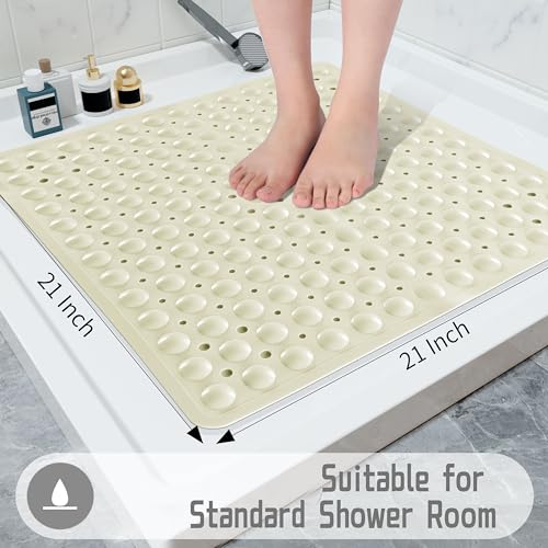 Yimobra Shower Mat 21X21 Inch Square, Non Slip Bathtub Mat with Large Suction Cups&Drain Holes, Soft Fast Dry Shower Stall Mats for Inside Shower, Machine Washable BPA-Free, Bath Essentials, Beige - color: Beige, size: 21 x 21 inches