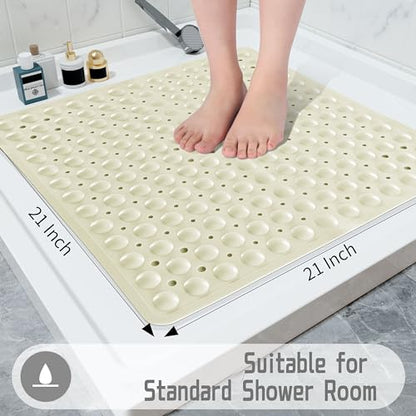 Yimobra Shower Mat 21X21 Inch Square, Non Slip Bathtub Mat with Large Suction Cups&Drain Holes, Soft Fast Dry Shower Stall Mats for Inside Shower, Machine Washable BPA-Free, Bath Essentials, Beige - color: Beige, size: 21 x 21 inches