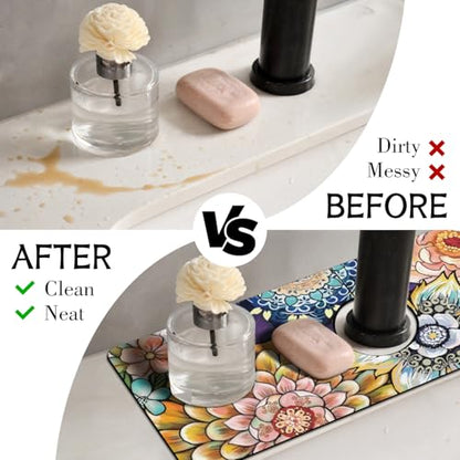 Boho Colorful Mandala Flower Kitchen Sink Splash Guard Faucet Mat,Faucet Non-Slip Absorbent Mat,Farmhouse Sink Splash Guard Behind Faucet for Kitchen Bathroom, 15"x5.5" - color: Drying Faucet Mat 2