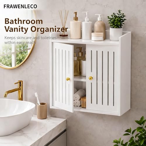 Bathroom Wall Cabinet, Wall Mounted Bathroom Organizer with Double Doors, No Drill PVC Storage Shelf for Toilet, Vanity, Washroom, Sink Area, White Bathroom Cabinet, 15.7 x 7.9 x 15.7 in