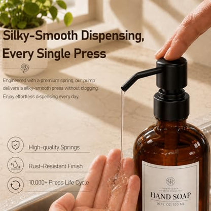 Fachixy Amber Glass Soap Dispenser 2 Pack, 16 Fl Oz, 14 Waterproof Labels | Leak-Resistant Stainless Steel Pump, Non-Slip Pad, Hand & Dish Soap Dispenser Bottles Set for Kitchen and Bathroom - color: Brown