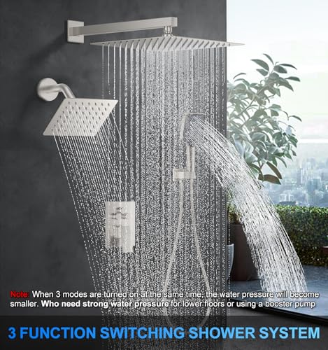Woindo Shower Faucet Set, 12" Wall Mount Rainfall Shower System with 2 Rain Shower Head and Multi-function Handheld Head Push Button Diverter Shower Faucet Trim Kit - color: Brushed Nickel, style: 12"-Wall-01
