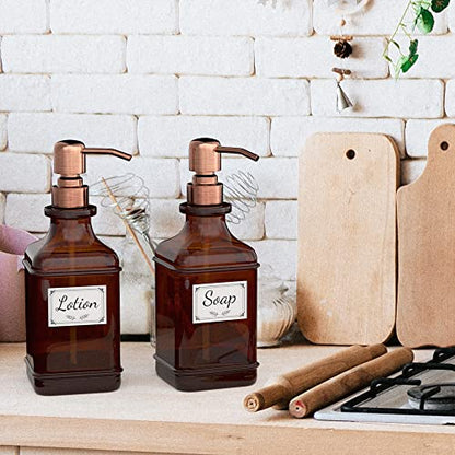 GLADPURE Soap Dispenser 2 Pack, Hand Soap Dispensers with 18 Oz Antique Design Thick Amber Glass Bottle, 316 Rust Proof Stainless Steel Pump, 6Pcs Stickers, for Lotion, Soap - Brushed Copper - color: Brushed Copper