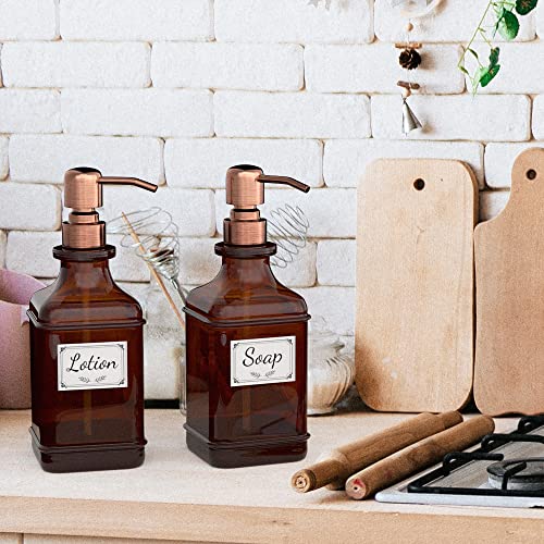 GLADPURE Soap Dispenser 2 Pack, Hand Soap Dispensers with 18 Oz Antique Design Thick Amber Glass Bottle, 316 Rust Proof Stainless Steel Pump, 6Pcs Stickers, for Lotion, Soap - Brushed Copper - color: Brushed Copper