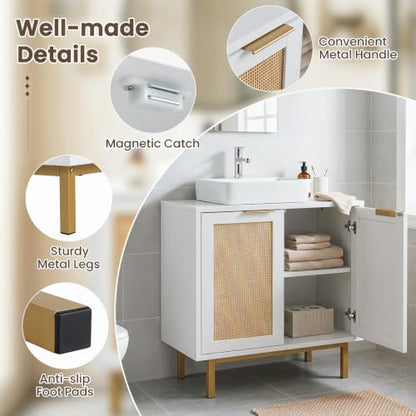 24-inch Pedestal Sink Storage Cabinet, Under Sink Cabinet (White) | U-Shaped Cut-Out | 2 Rattan Doors & Shelf | Solid Metal Legs - color: White