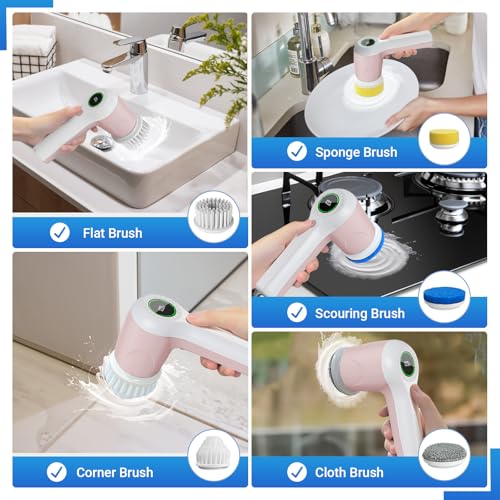 PUFTEM Electric Spin Scrubber, Cordless Shower Scrubber, Pink | Battery Level Display, Dual Speed, 6 Replaceable Brush Heads, IPX7 Waterproof, Long Runtime, Tub, Tile & Sink Cleaning - color: Pink