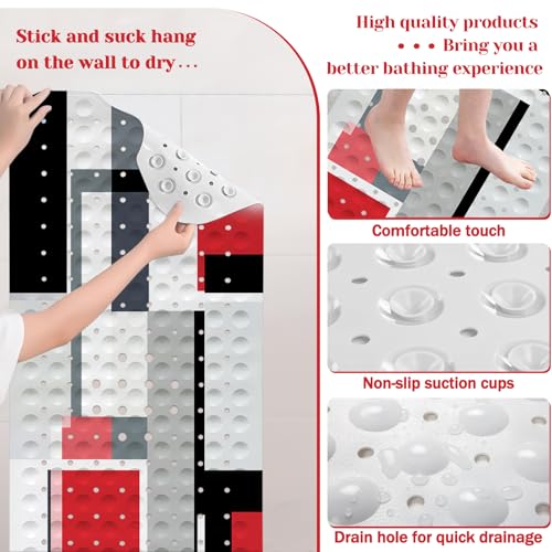 Red Black Bath Tub Mat Non Slip, Modern Geometric Large Washable Shower Mats with Drain Holes and Suction Cups,40 X 16 Inch - color: Red Black