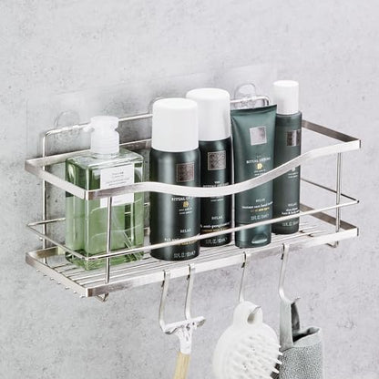 Premium Shower Caddy - Self Adhesive Shower Organizer with 4 Hooks, Rustproof Stainless Steel Shower Rack for Bathroom, Silver