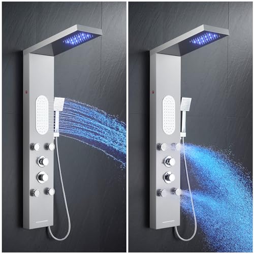 5-Function LED Shower Panel Tower System 4 Jets Stainless Steel | LED rain head | 4 massage jets | Body waterfall spray | Handheld shower | Tub spout | Brushed finish - color: Brushed Nickel