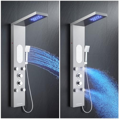 5-Function LED Shower Panel Tower System 4 Jets Stainless Steel | LED rain head | 4 massage jets | Body waterfall spray | Handheld shower | Tub spout | Brushed finish - color: Brushed Nickel