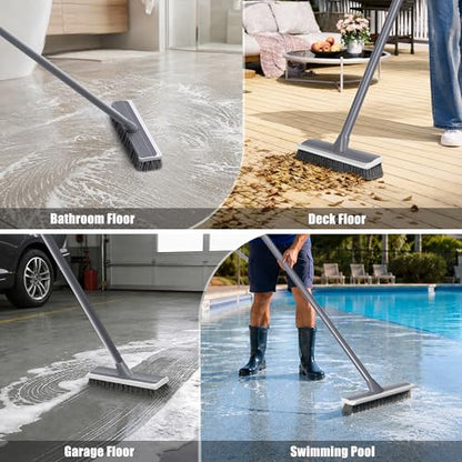 2 in 1 Floor Scrub Brush: Deck Brush with Squeegee | Long Adjustable Handle - 55'' Stiff Bristle Scrape Brush for Deck Patio Garage Shower Bathroom
