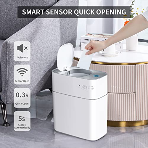 JOYBOS Bathroom Trash Can with Lid Automatic Garbage Can, 3 Gallon Slim Electric Waterproof Narrow Small Garbage Bin,Plastic Trash Bin, 14 L Motion Sensor Rubbish Can for Bedroom Office Toilet