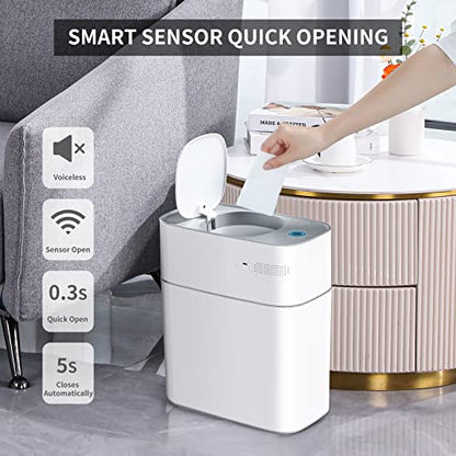 JOYBOS Bathroom Trash Can with Lid Automatic Garbage Can, 3 Gallon Slim Electric Waterproof Narrow Small Garbage Bin,Plastic Trash Bin, 14 L Motion Sensor Rubbish Can for Bedroom Office Toilet