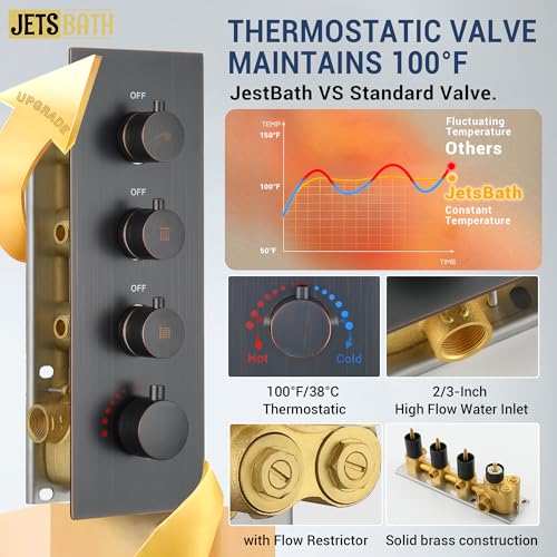 16" Thermostatic Dual Rainfall Head Shower System with Handheld & Valve, 16” Ceiling Shower Faucet Set with 6-Inch Shower Head, JetsBath Oil Rubbed Bronze Full Body Shower System for Couples/2-Person - color: Oil Rubbed Bronze